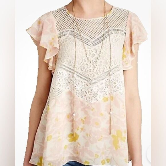 Anthropologie HD in Paris fluttered Flores lace blouse floral preppy size 4 - Picture 2 of 5